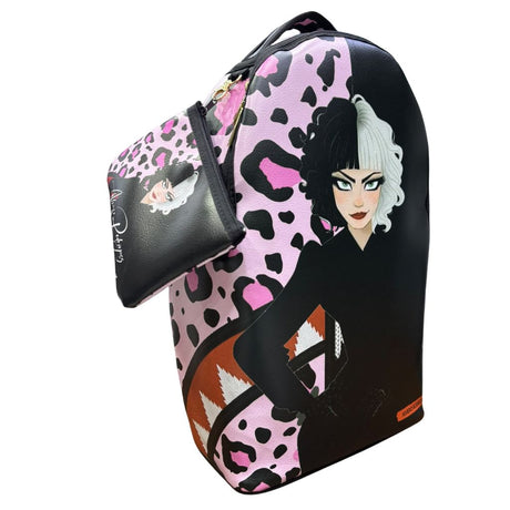 Zaino nero con illustrazione di donna dai capelli bicolore e stampa animalier rosa