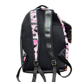 Zaino nero con illustrazione di donna dai capelli bicolore e stampa animalier rosa