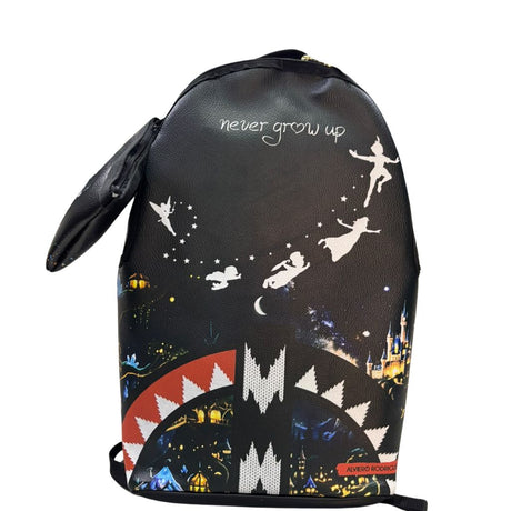 Zaino nero con stampa fiabesca, scritta never grow up e pochette abbinata