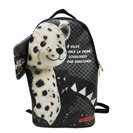 Zaino in ecopelle nero con orsetto di peluche maculato, frase scritta e pochette abbinata
