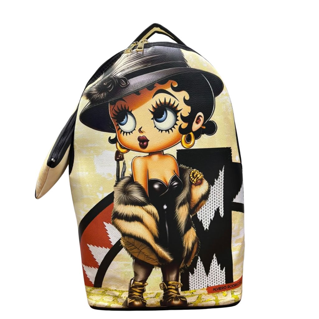 Zaino crema e nero con illustrazione di donna con cappello e stola di pelliccia