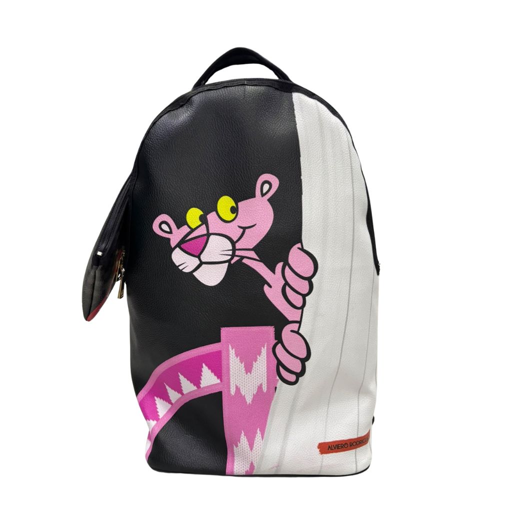 Zaino Alviero Rodriguez bicolore nero e bianco con illustrazione cartoon rosa