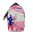 Zaino rosa con effetto carta strappata, personaggi stampati e pochette abbinata