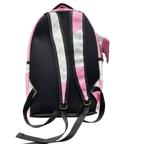 Zaino rosa con effetto carta strappata, personaggi stampati e pochette abbinata