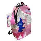 Zaino rosa con effetto carta strappata, personaggi stampati e pochette abbinata