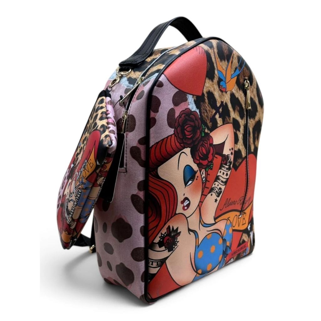 Zaino Alviero Rodriguez pin-up tattoo leopardato con scritta Love