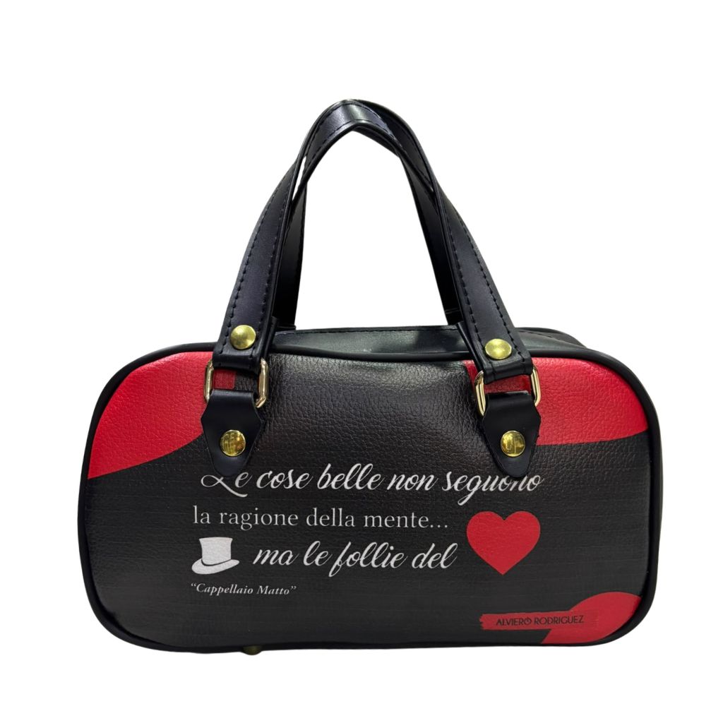 Mini bag Alviero Rodriguez nera e rossa in ecopelle con frase, cuore e tracolla