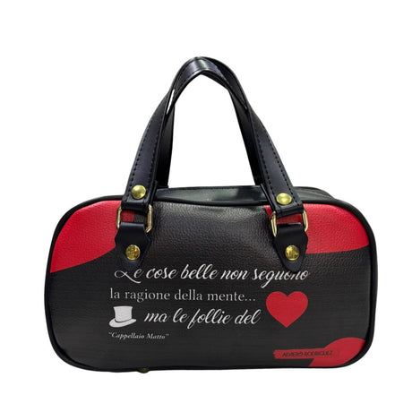 Mini bag Alviero Rodriguez nera e rossa in ecopelle con frase, cuore e tracolla