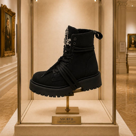 Anfibio Prestige nero camoscio con spilla gioiello e suola platform