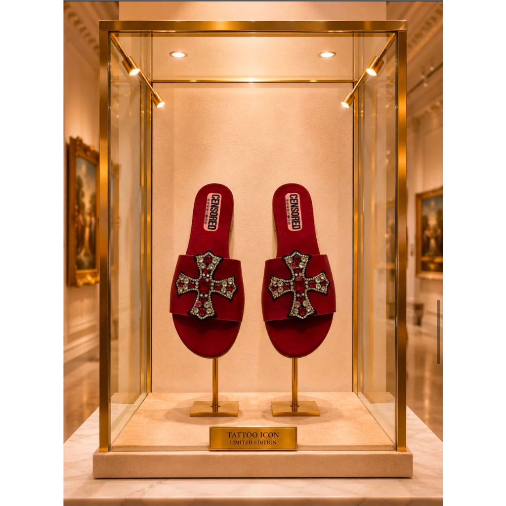 Ciabatta flat suede cremisi con croce maltese in pietre rubino e cristalli.
