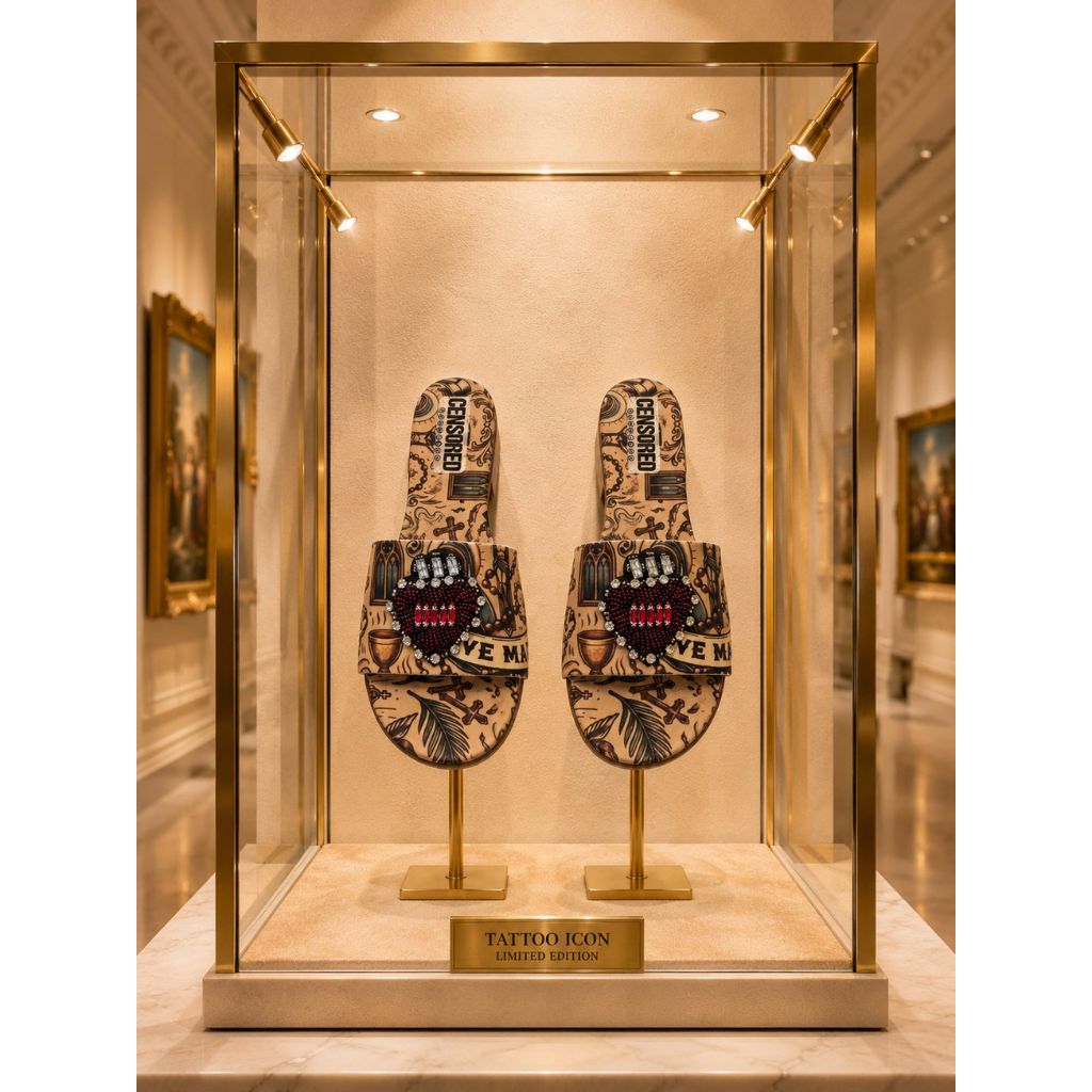 Sandalo flat donna stampa tattoo old school nude con spilla-gioiello dorata e cristalli rossi.