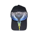 Cappello baseball County of Milan in cotone nero con stampa ali spiegate blu su fronte e visiera.