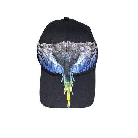 Cappello baseball County of Milan in cotone nero con stampa ali spiegate blu su fronte e visiera.