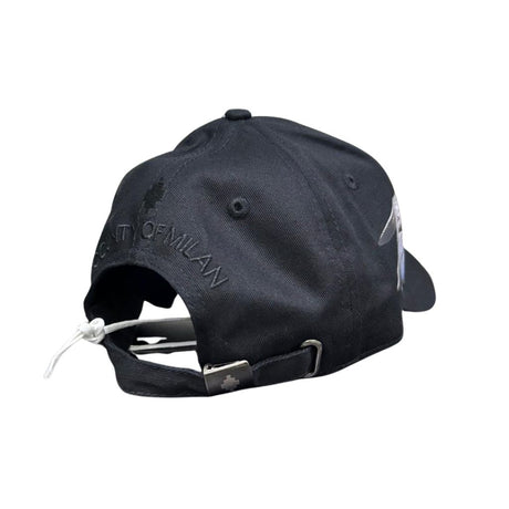 Cappello baseball County of Milan in cotone nero con stampa ali spiegate blu su fronte e visiera.