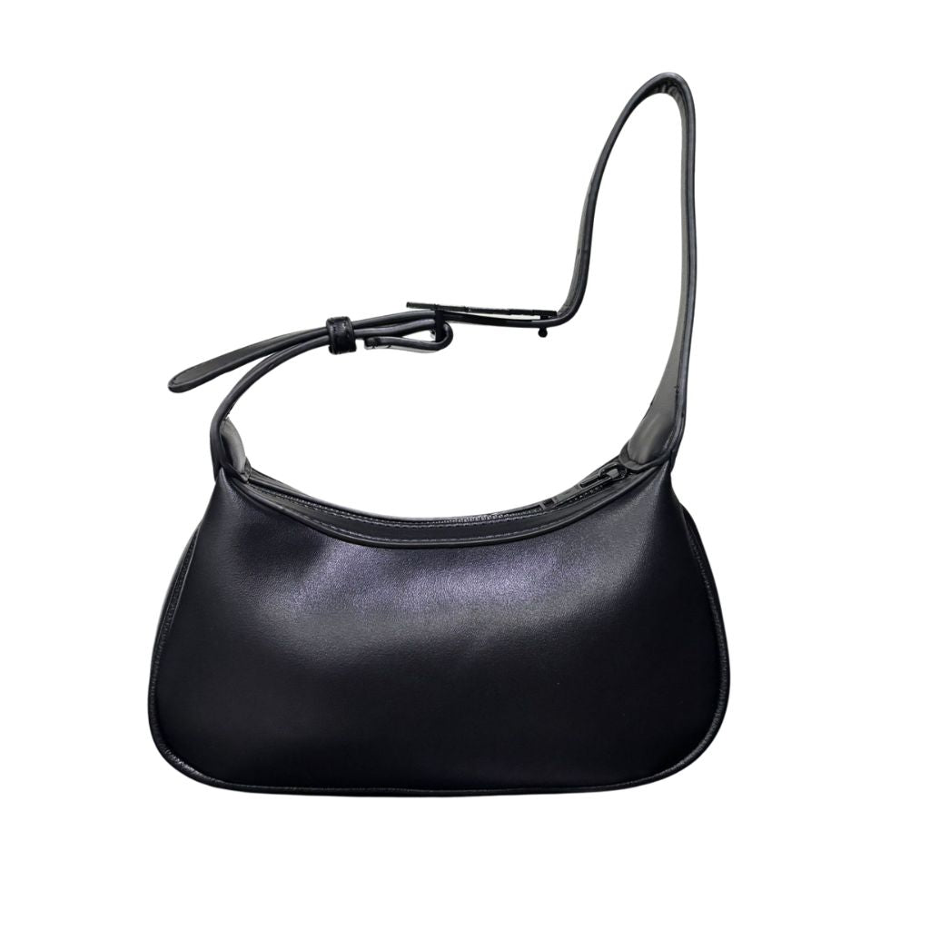 Borsa mezzaluna nera in ecopelle County of Milan con stampa Leopard Wings oro, manico regolabile e logo croce in acciaio.