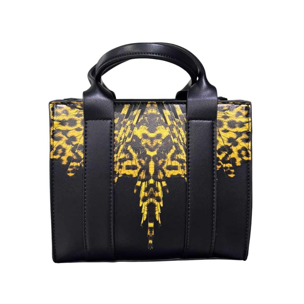 Borsa mini tote nera in ecopelle County of Milan con stampa Leopard Wings oro e animalier, doppio manico e tracolla regolabile.