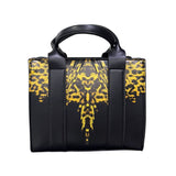 Borsa mini tote nera in ecopelle County of Milan con stampa Leopard Wings oro e animalier, doppio manico e tracolla regolabile.