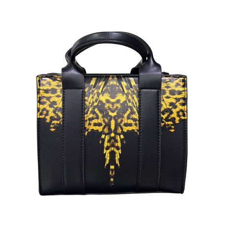 Borsa mini tote nera in ecopelle County of Milan con stampa Leopard Wings oro e animalier, doppio manico e tracolla regolabile.