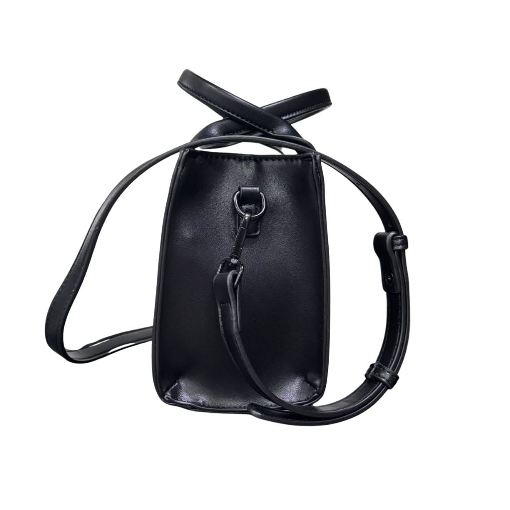 Borsa mini tote nera in ecopelle County of Milan con stampa Leopard Wings oro e animalier, doppio manico e tracolla regolabile.