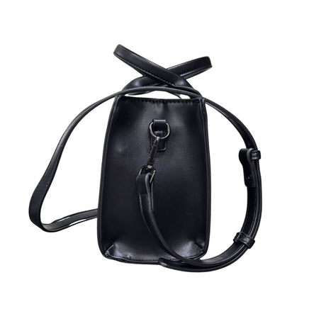 Borsa mini tote nera in ecopelle County of Milan con stampa Leopard Wings oro e animalier, doppio manico e tracolla regolabile.