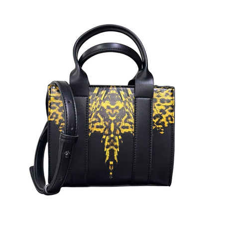 Borsa mini tote nera in ecopelle County of Milan con stampa Leopard Wings oro e animalier, doppio manico e tracolla regolabile.
