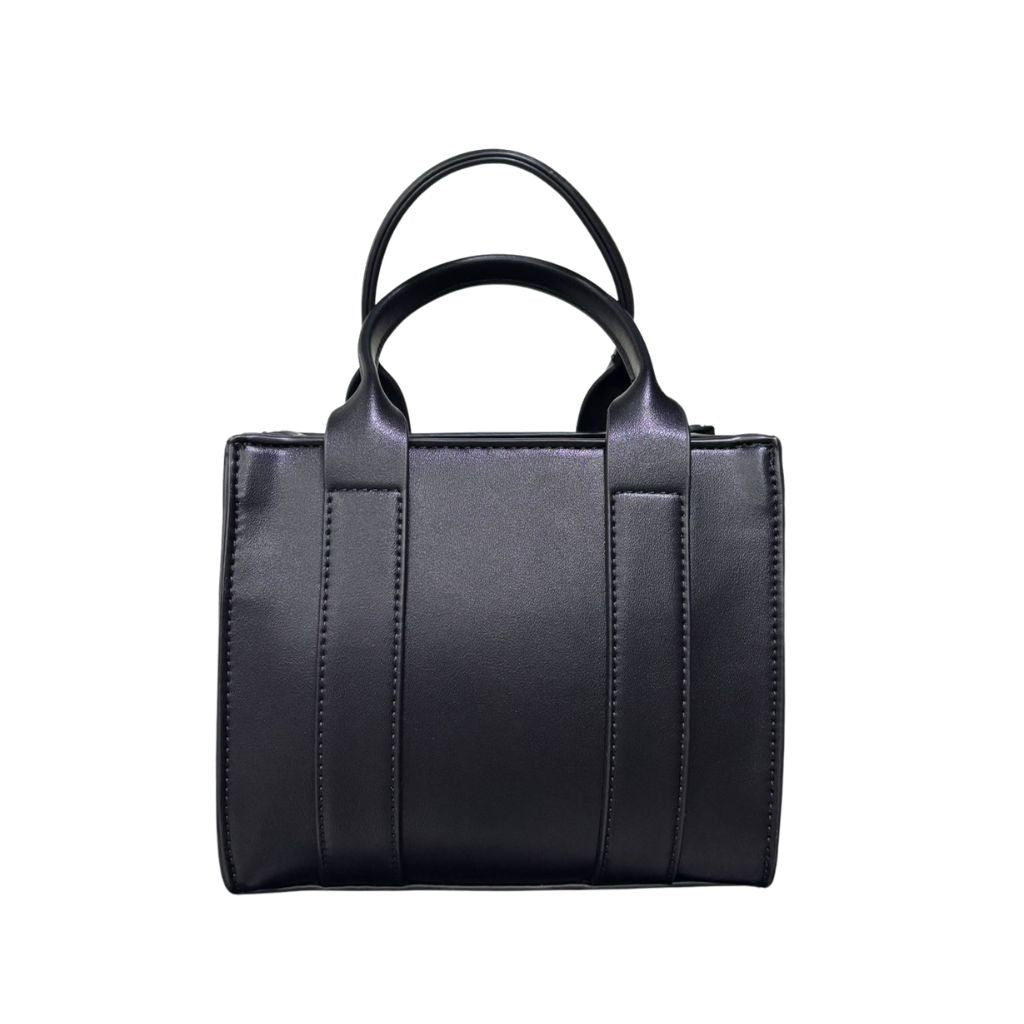 Borsa mini tote nera in ecopelle County of Milan con stampa Leopard Wings oro e animalier, doppio manico e tracolla regolabile.