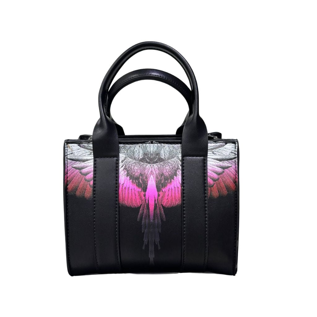 Mini tote bag County of Milan nera ecopelle liscia stampa Wings rosa fucsia doppi manici tracolla rimovibile