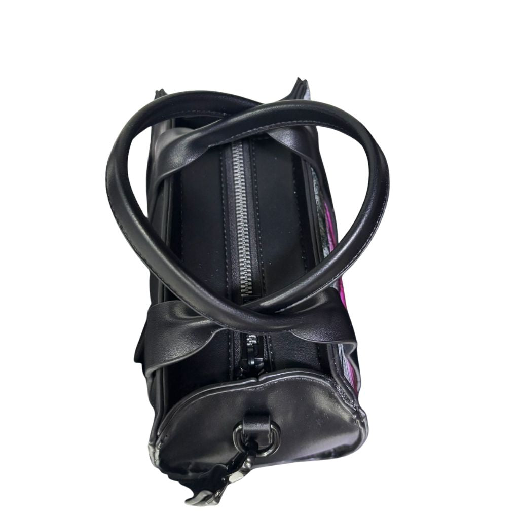 Mini tote bag County of Milan nera ecopelle liscia stampa Wings rosa fucsia doppi manici tracolla rimovibile