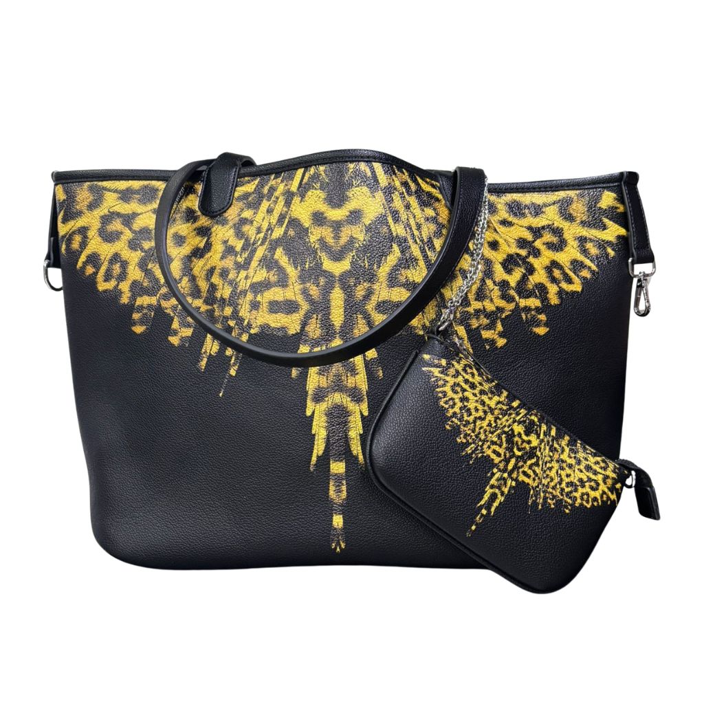 Borsa reversibile County of Milan in ecopelle: lato stampa leopardata all-over con logo croce e lato nero con stampa Leopard Wings oro, pochette coordinata inclusa.