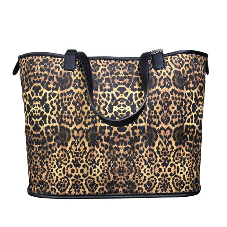 Borsa reversibile County of Milan in ecopelle: lato stampa leopardata all-over con logo croce e lato nero con stampa Leopard Wings oro, pochette coordinata inclusa.