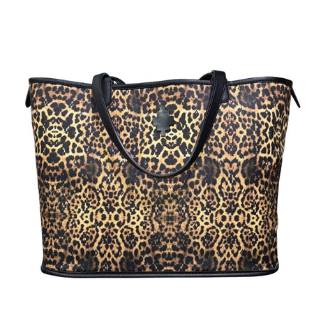 Borsa reversibile County of Milan in ecopelle: lato stampa leopardata all-over con logo croce e lato nero con stampa Leopard Wings oro, pochette coordinata inclusa.