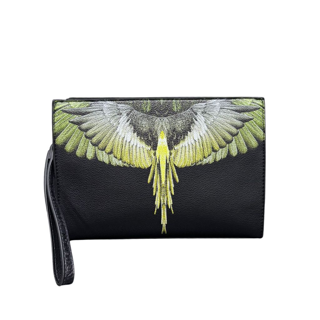 Borsello uomo County of Milan nero in ecopelle con stampa ali Wings verde giallo