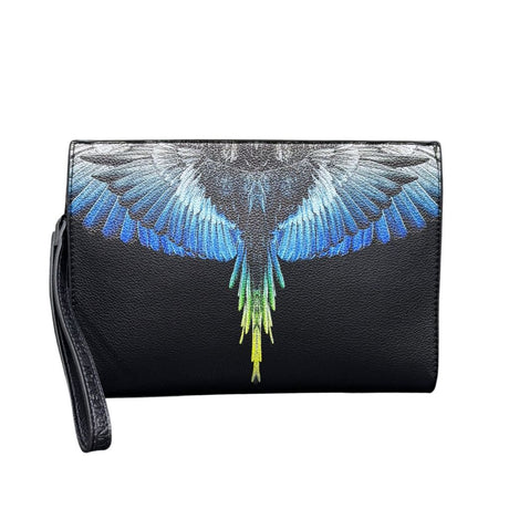 Borsello uomo County of Milan nero in ecopelle con stampa ali Wings blu royal turchese giallo