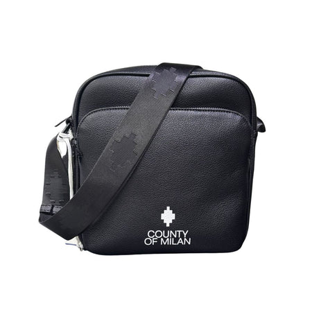 Borsello a tracolla uomo County of Milan nero ecopelle bottolata con logo bianco e tracolla nylon logata