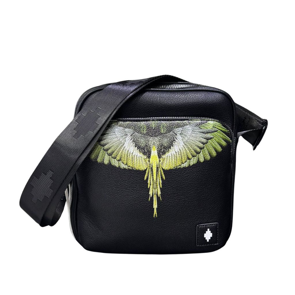 Borsello tracolla uomo County of Milan nero ecopelle con stampa Wings verde giallo e tracolla nylon logata