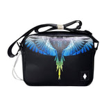 Borsello tracolla County of Milan nero ecopelle liscia stampa Wings Royal blu royal turchese giallo tasca retro