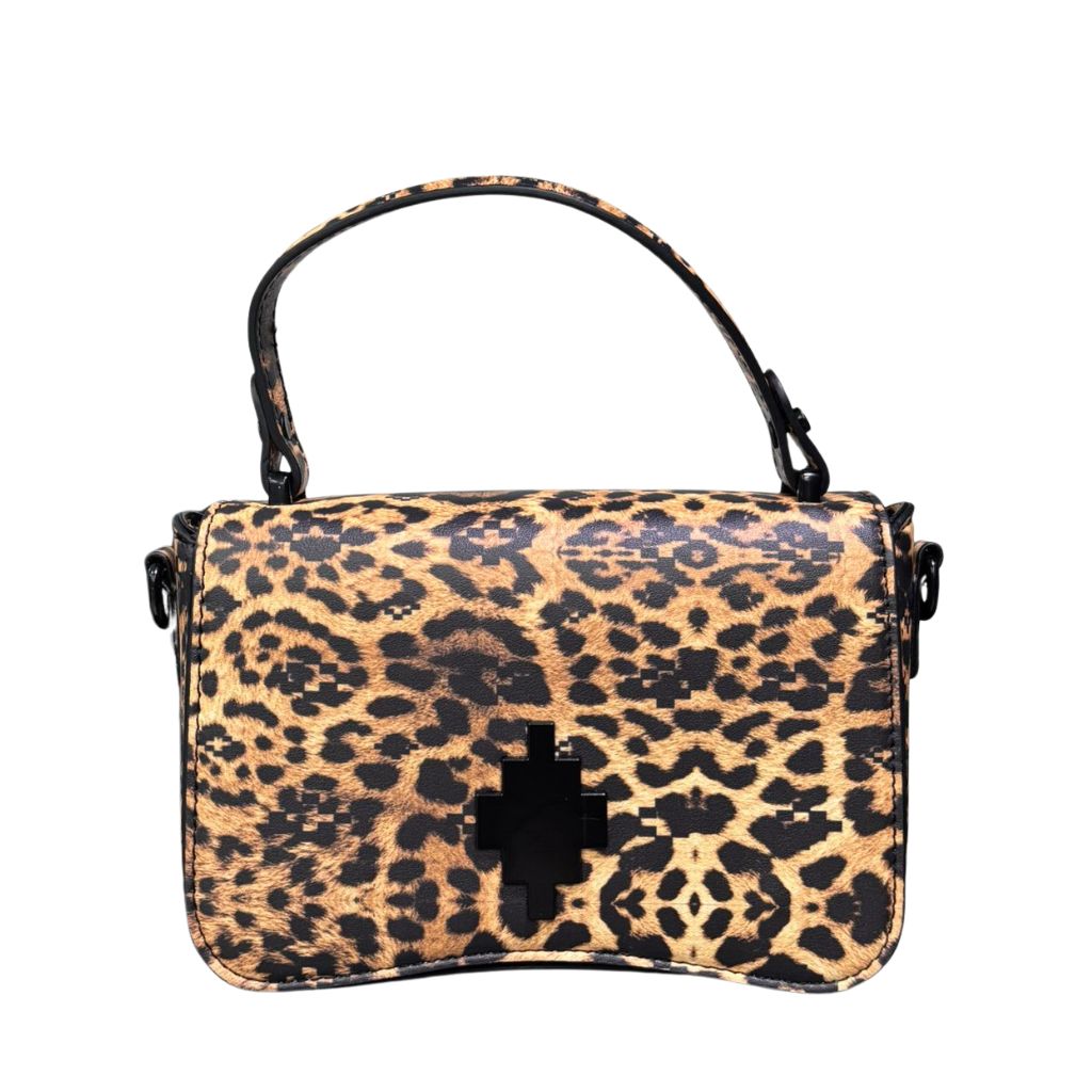 Mini bag in ecopelle leopardata County of Milan con logo croce nera in rilievo, manico superiore rigido e tracolla regolabile rimovibile.
