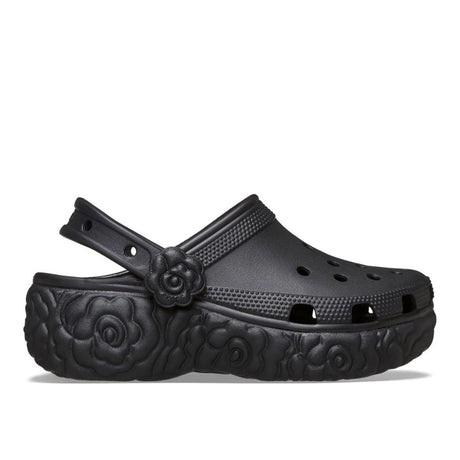 Zoccolo Crocs nero con zeppa, suola a motivo floreale