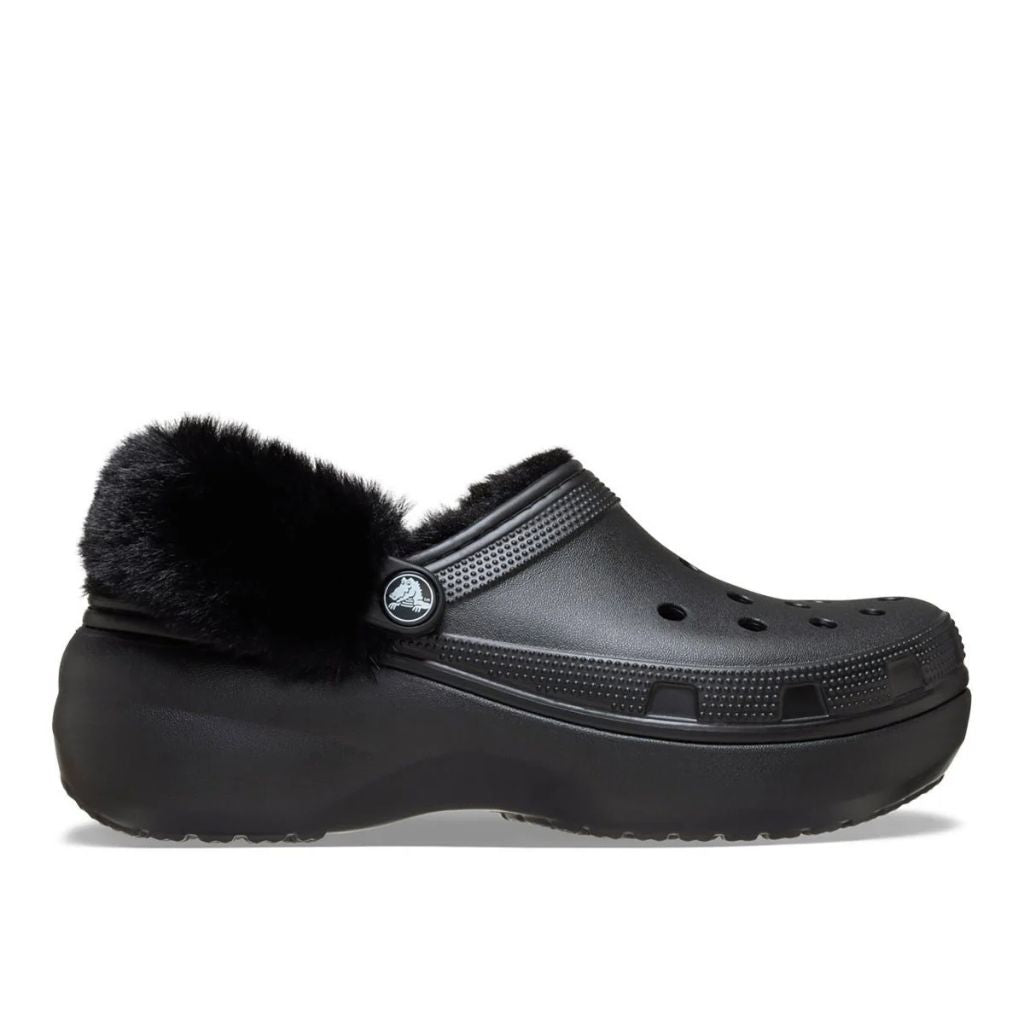 Clog Crocs Classic Platform nero con fodera effetto peluche e cinturino posteriore rivestito