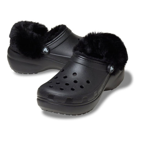 Clog Crocs Classic Platform nero con fodera effetto peluche e cinturino posteriore rivestito