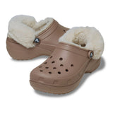 Clog Crocs Classic Platform cappuccino con fodera effetto peluche crema e cinturino posteriore rivestito
