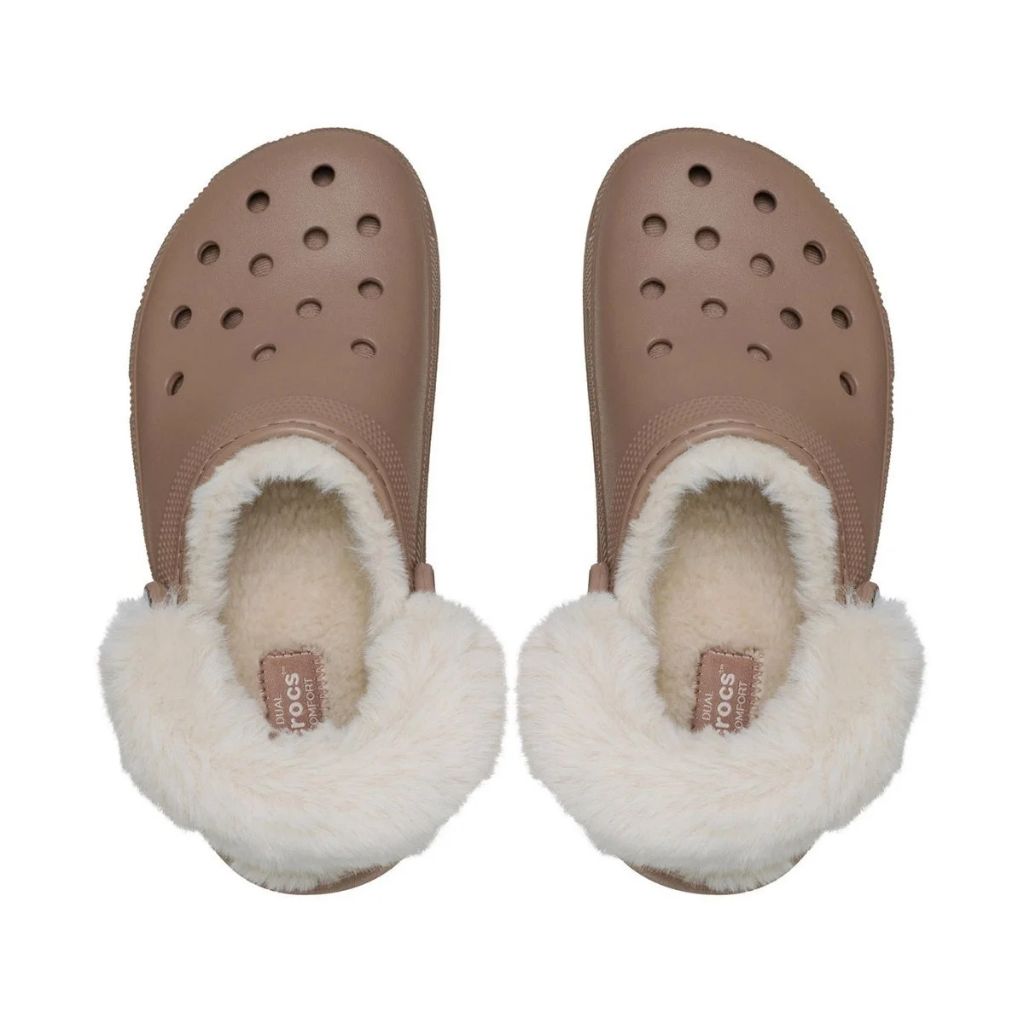 Clog Crocs Classic Platform cappuccino con fodera effetto peluche crema e cinturino posteriore rivestito