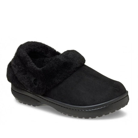 Clog Crocs nero in finta scamosciata con colletto in ecopelliccia e cinturino posteriore