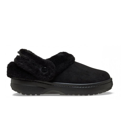Clog Crocs nero in finta scamosciata con colletto in ecopelliccia e cinturino posteriore