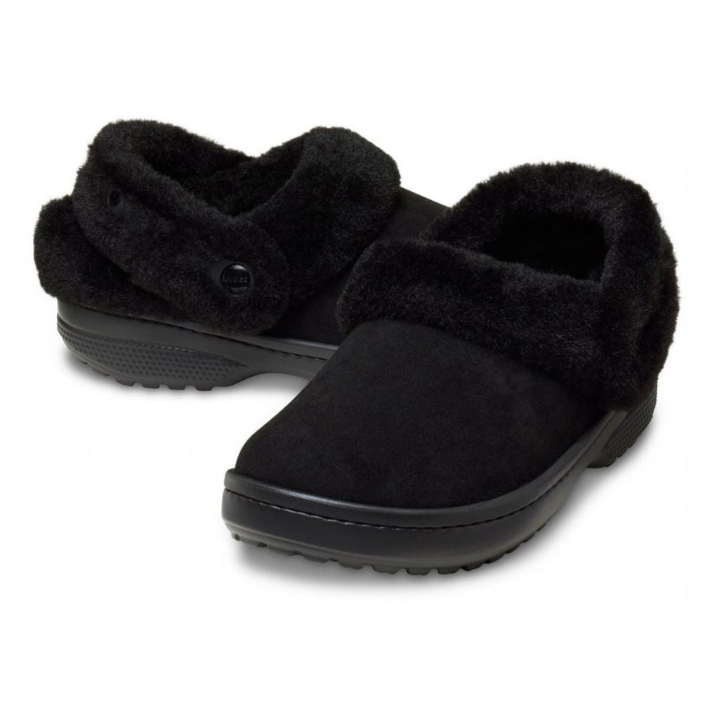 Clog Crocs nero in finta scamosciata con colletto in ecopelliccia e cinturino posteriore