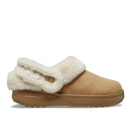 Clog Crocs cammello in finta scamosciata con colletto in ecopelliccia crema e cinturino