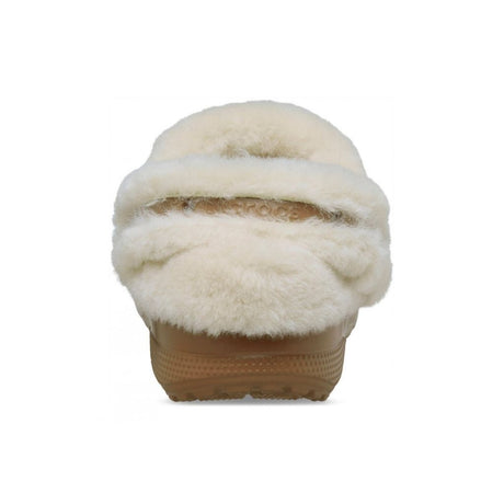 Clog Crocs cammello in finta scamosciata con colletto in ecopelliccia crema e cinturino