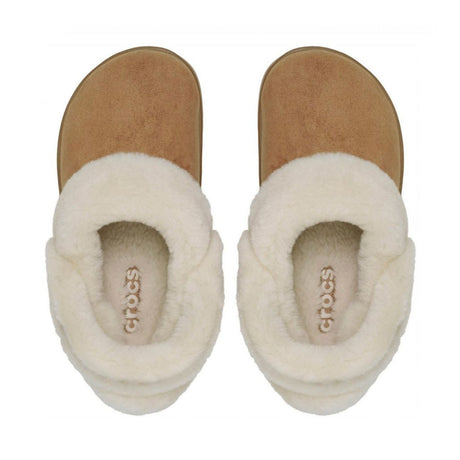 Clog Crocs cammello in finta scamosciata con colletto in ecopelliccia crema e cinturino