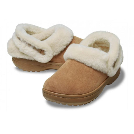 Clog Crocs cammello in finta scamosciata con colletto in ecopelliccia crema e cinturino