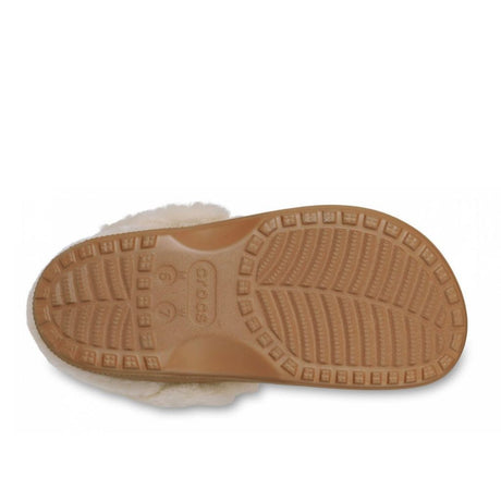 Clog Crocs cammello in finta scamosciata con colletto in ecopelliccia crema e cinturino